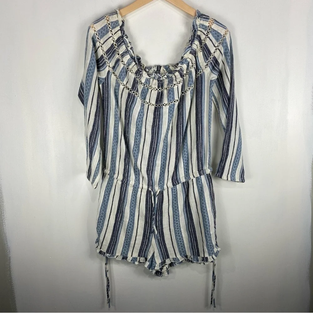 Roxy BOHO Striped Crochet Tie Front Waist Off‎ The Shoulder Romper Size Medium